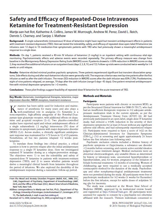 Safety and efficacy of repeated dose intravenous ketamine for treatment resistant depression