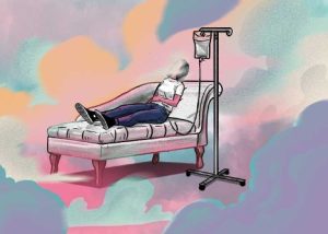 Ketamine Infusion figure in clouds cartoon