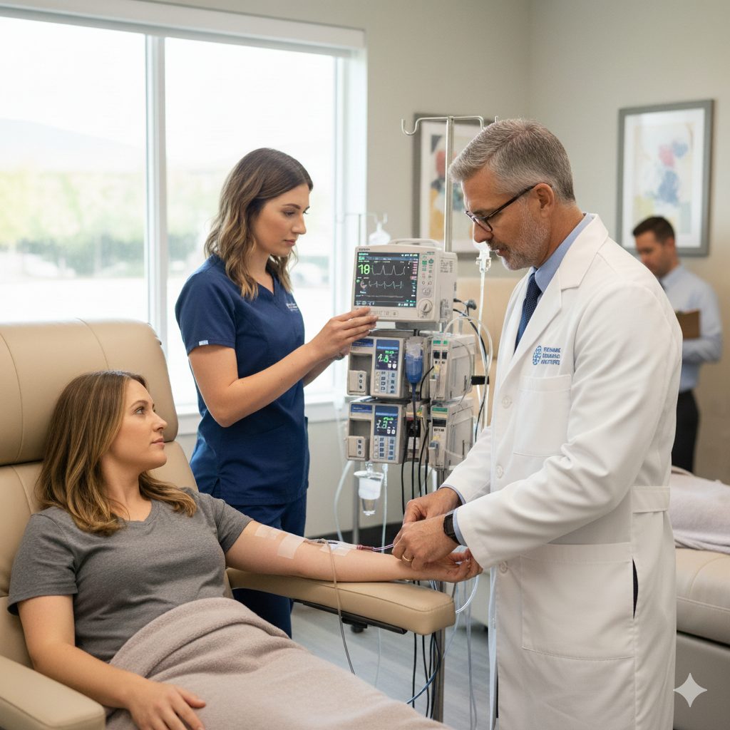 A nurse and a physician checking monitoring equipment beside an infusion chair.