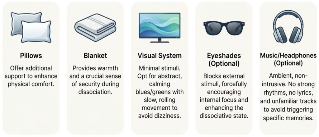 Comfort options offered during an infusion: pillow, blanket, eyeshades and headphones