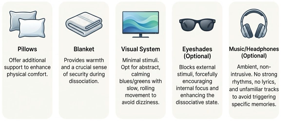 An illustration of comfort options offered during an infusion: pillows, a blanket, a visual system, eyeshades, and music or headphones.