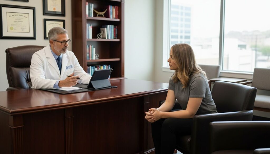 A physician and patient talking in a consulting room