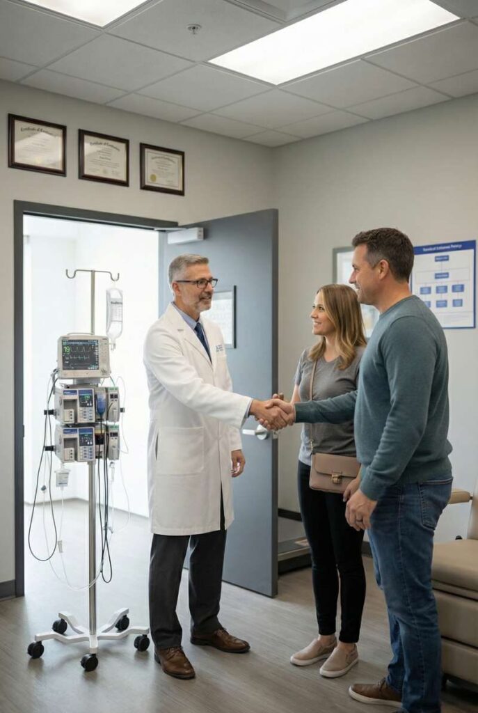 A physician greeting a patient and the person who came with them