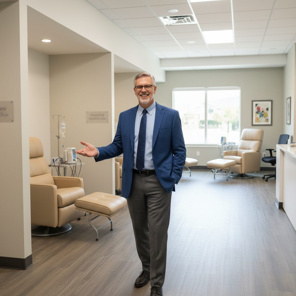 A clinician showing the way into a quiet infusion suite.