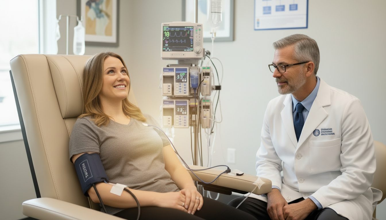 A patient in the infusion chair, monitored throughout