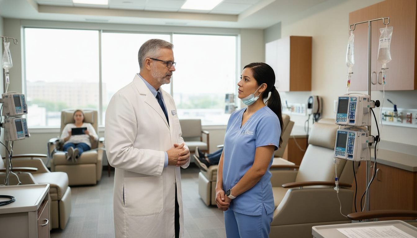 A physician and nurse in the infusion suite