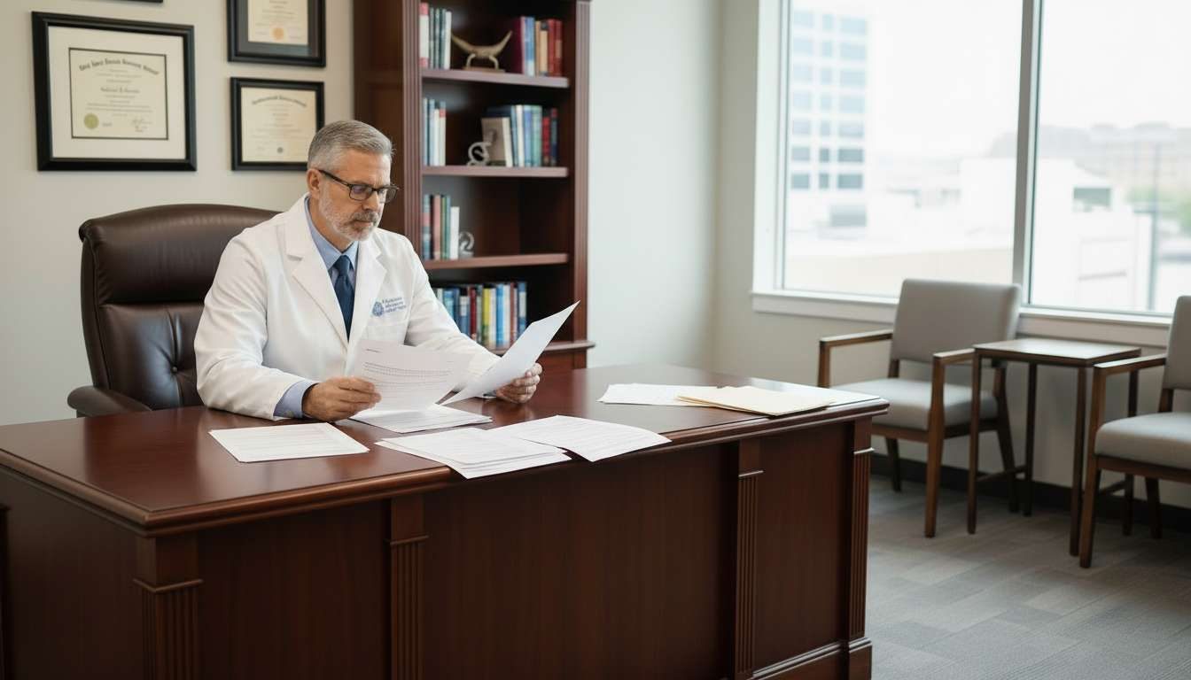 A physician reviewing a patientβs records before treatment is planned