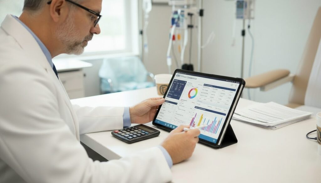 A physician reviewing depression scores on screen beside the treatment chair